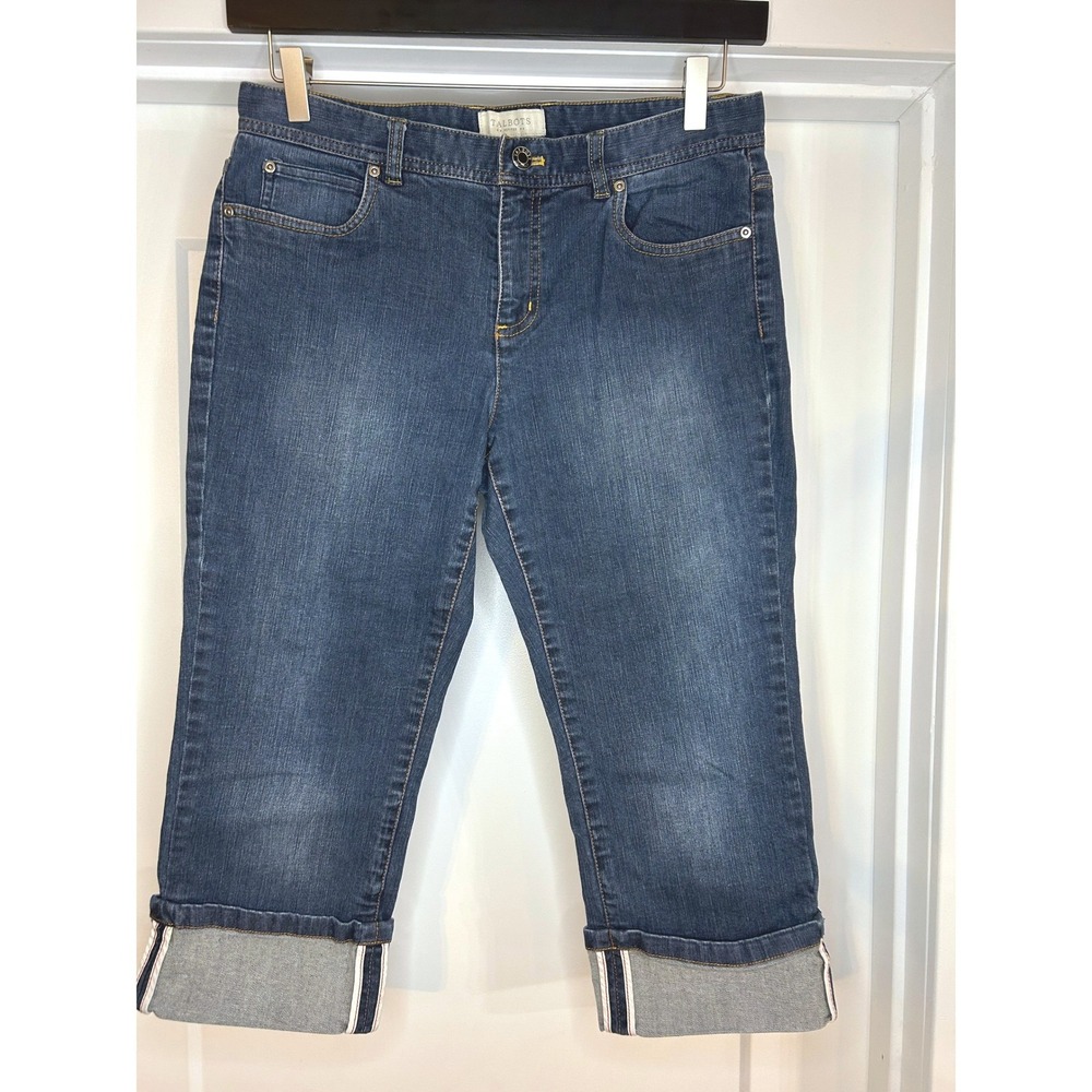Talbots Petites Blue Denim Cuffed Capri Jeans 8P Medium‎ Wash Stretch Preppy